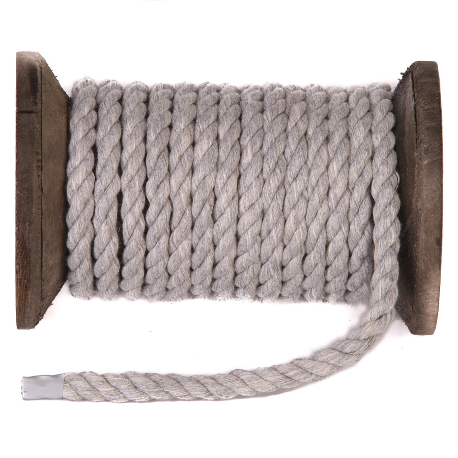 Grey Twisted Cotton Bondage Rope by Knotty Desires on a spool.