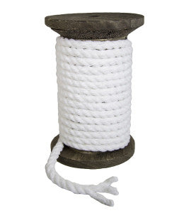 Knotty Desires White Twisted Chenille Bondage Rope on a spool standing vertically.