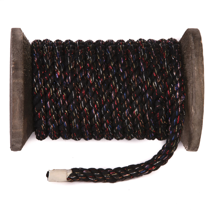 Knotty Desires Twisted Cotton Bondage Rope in black glitter on a spool.