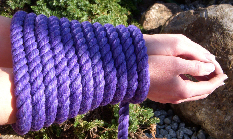 Arms bound in Knotty Desires Purple Twisted Cotton Bondage Rope.