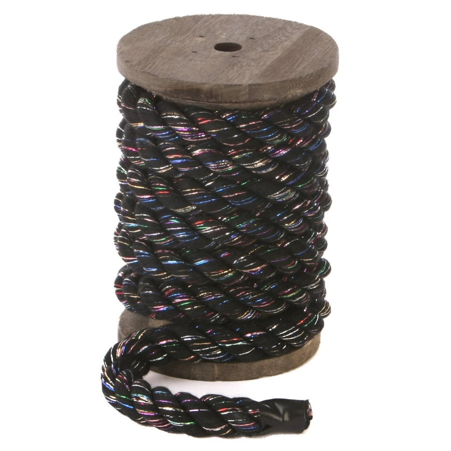Knotty Desires Twisted Cotton Bondage Rope in black glitter on a spool standing vertically.