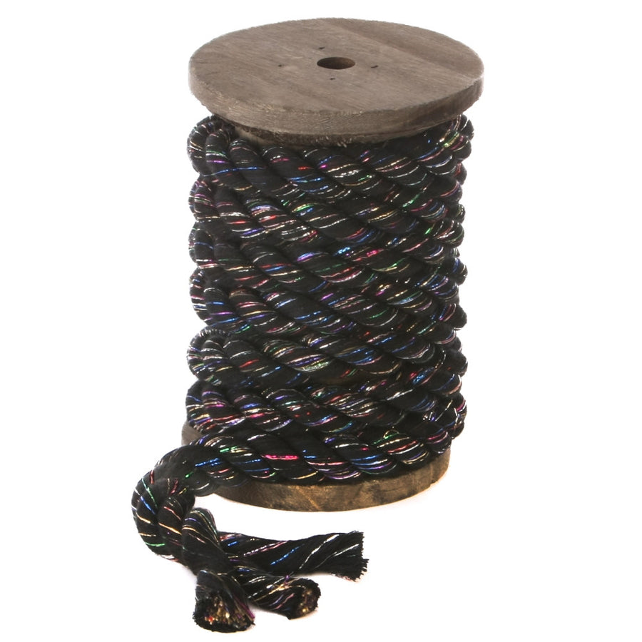 Knotty Desires Black Glitter Twisted Cotton Bondage Rope on a spool showing the individual strands.