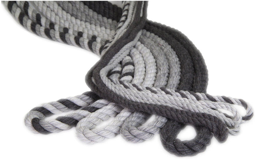Knotty Desires Twisted Cotton Bondage rope in  different shades of grey and different diameters.