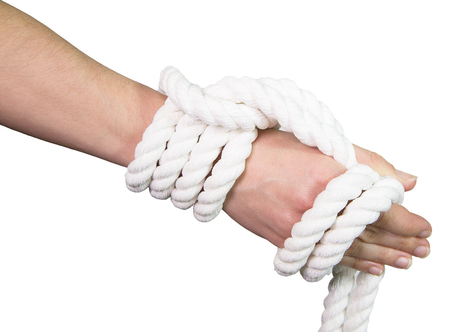 Knotty Desires Twisted Chenille Bondage Rope in white knotted on a hand.
