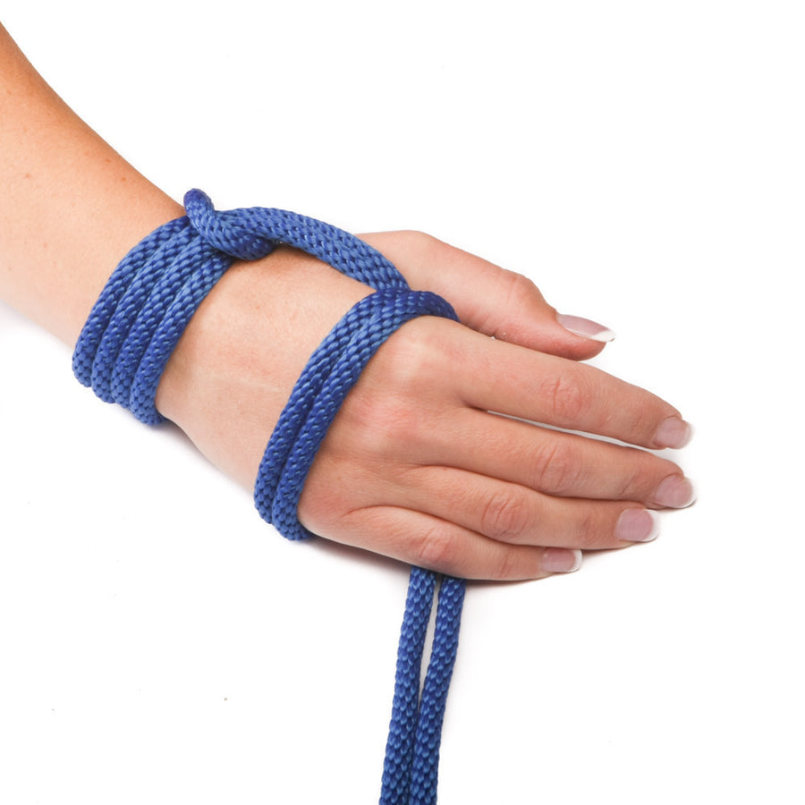 Knotty Desires blue polypropylene bondage rope knotted around a hand.
